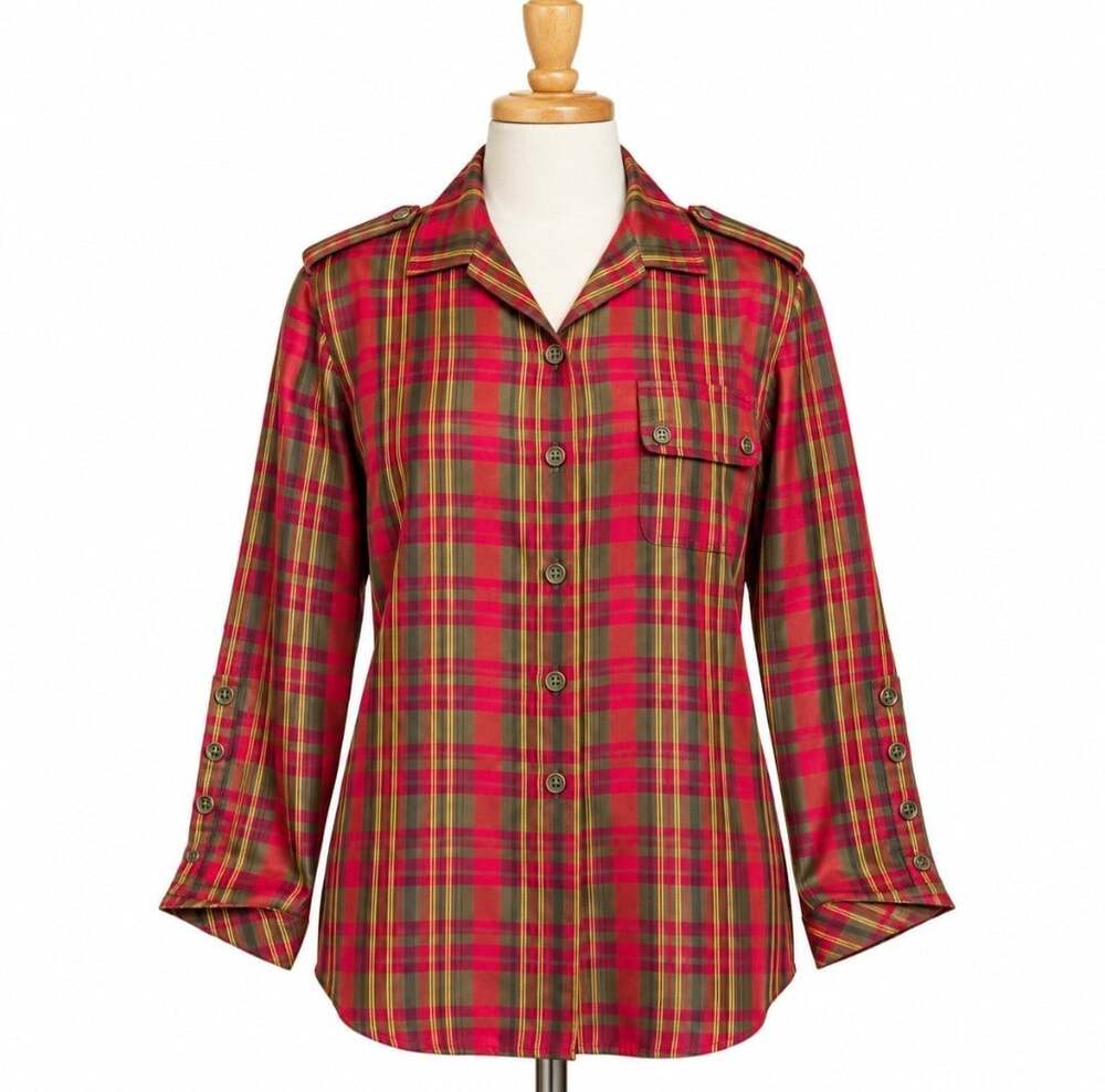 Diane Gilman 100% Silk Plaid Shirt Womens L Red Olive Tartan Button Up Utility